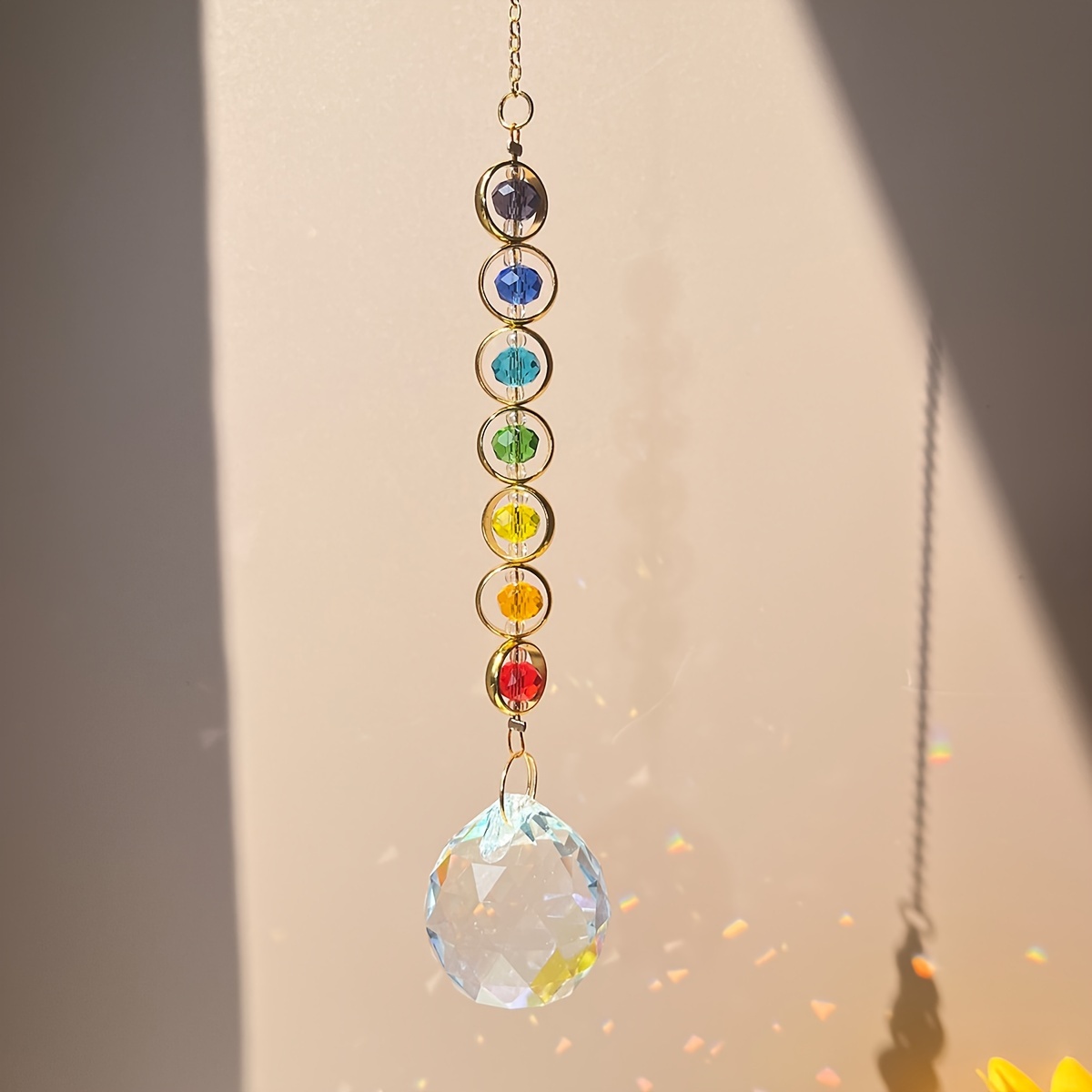 

1pc Glass Crystal Sun Catcher Rainbow Maker Prism With Hanging Chain For Thanksgiving Home Decor - Reflective Suncatcher Pendant With Colorful Beads, No Electricity Required