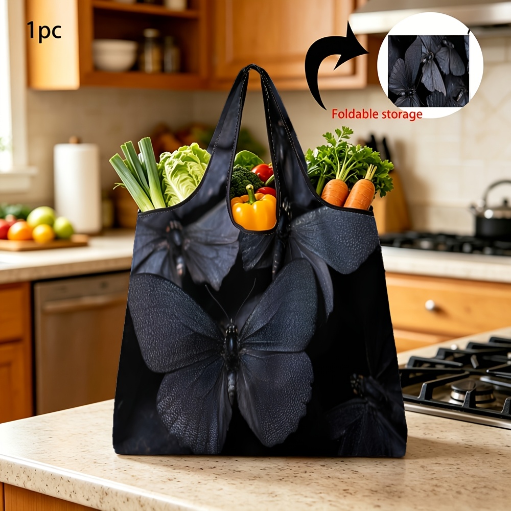 TEMU (printed Design - Not Textured) 1pc Reusable Grocery Bags With Black Print Foldable Convenient Portable Shopping Bag For Daily Grocery Shopping