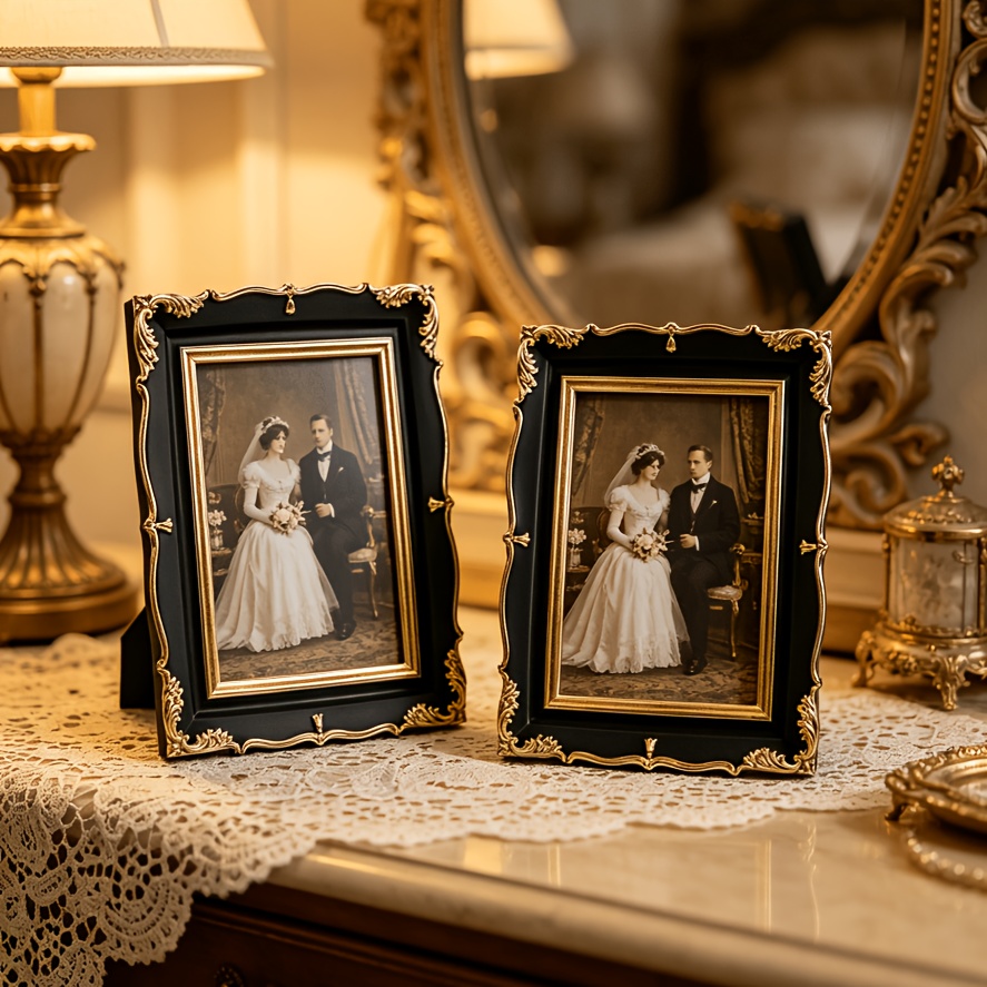 1pc Vintage-Style, Ornate Photo Frames in vintage Golden And Black for Home Décor, Showcasing Wedding Photos, Family Portraits, And Art Prints