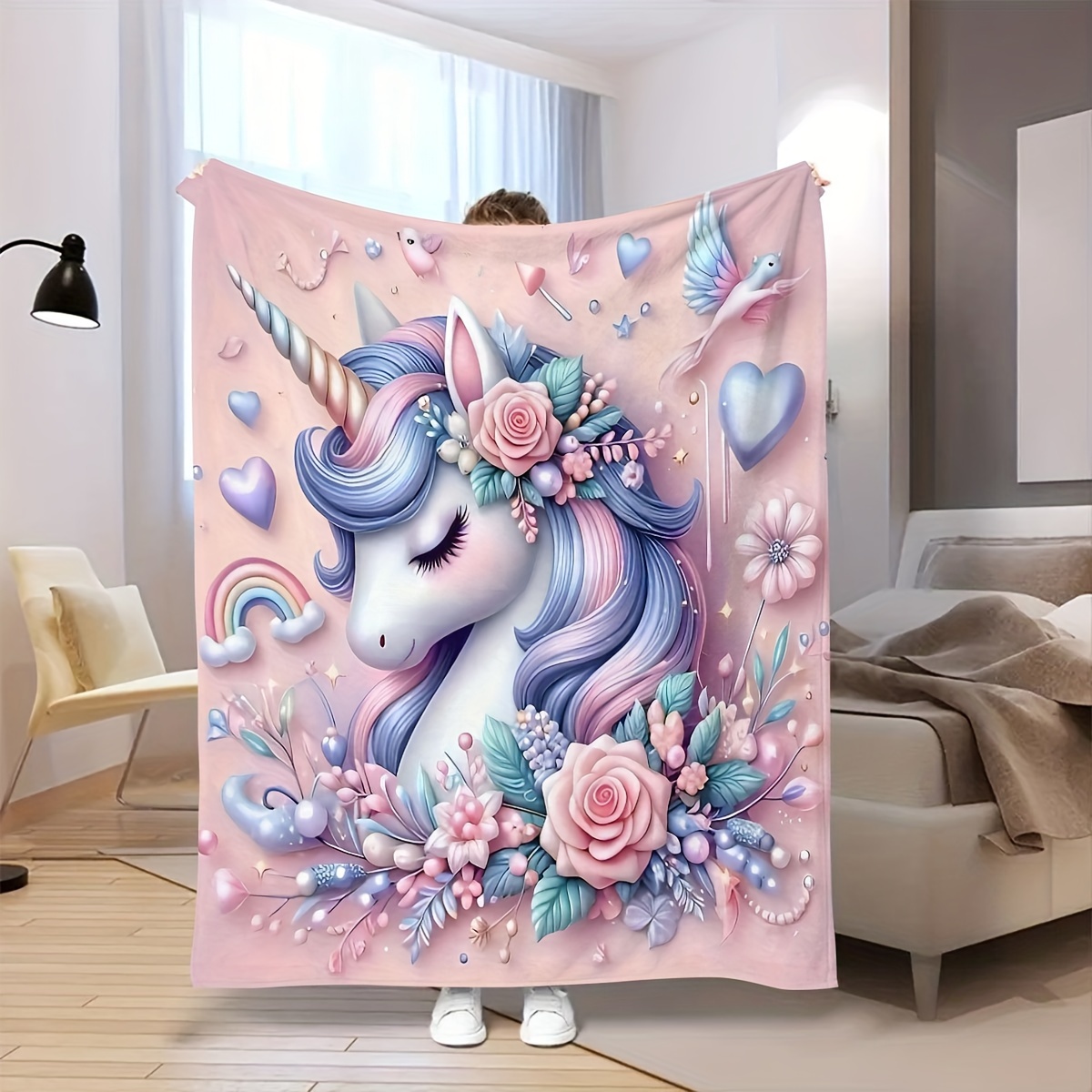 

Cozy Unicorn Print Flannel Throw Blanket - Versatile For All , Couch, Bed, Office & Camping Gifts