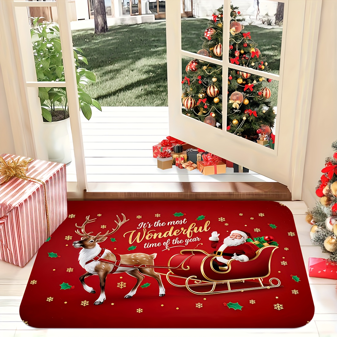TEMU 1 tapis de porte motif traîneau de Père Noël et , "C'est la plus époque de l'année" imprimé, tapis de décoration de Noël , lavable en machine,