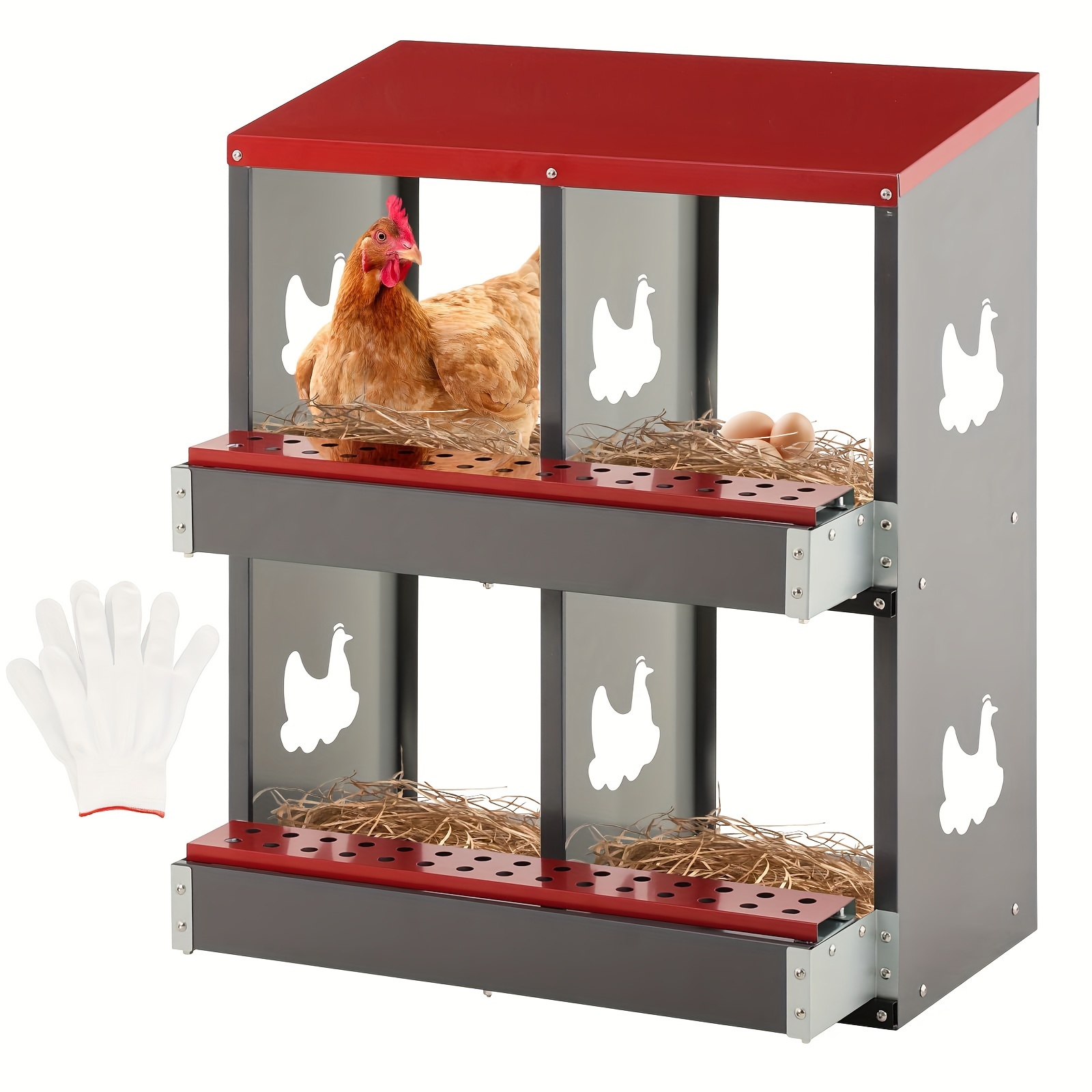 

Chicken Nesting Box For Laying Eggs, 4 Holes Roll Out Laying Box For Hens, Metal Chicken Nest Boxes With Perch To Protect Eggs, Wall Mount Poultry Nesting Boxes For Coop, Red