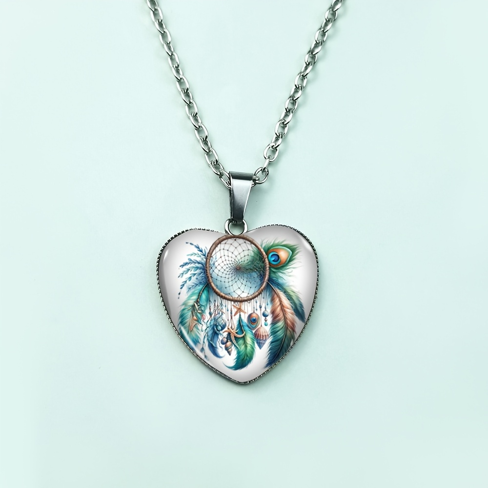 3pc Peacock Feather Heart Necklace & Earring Set, Gift for Her