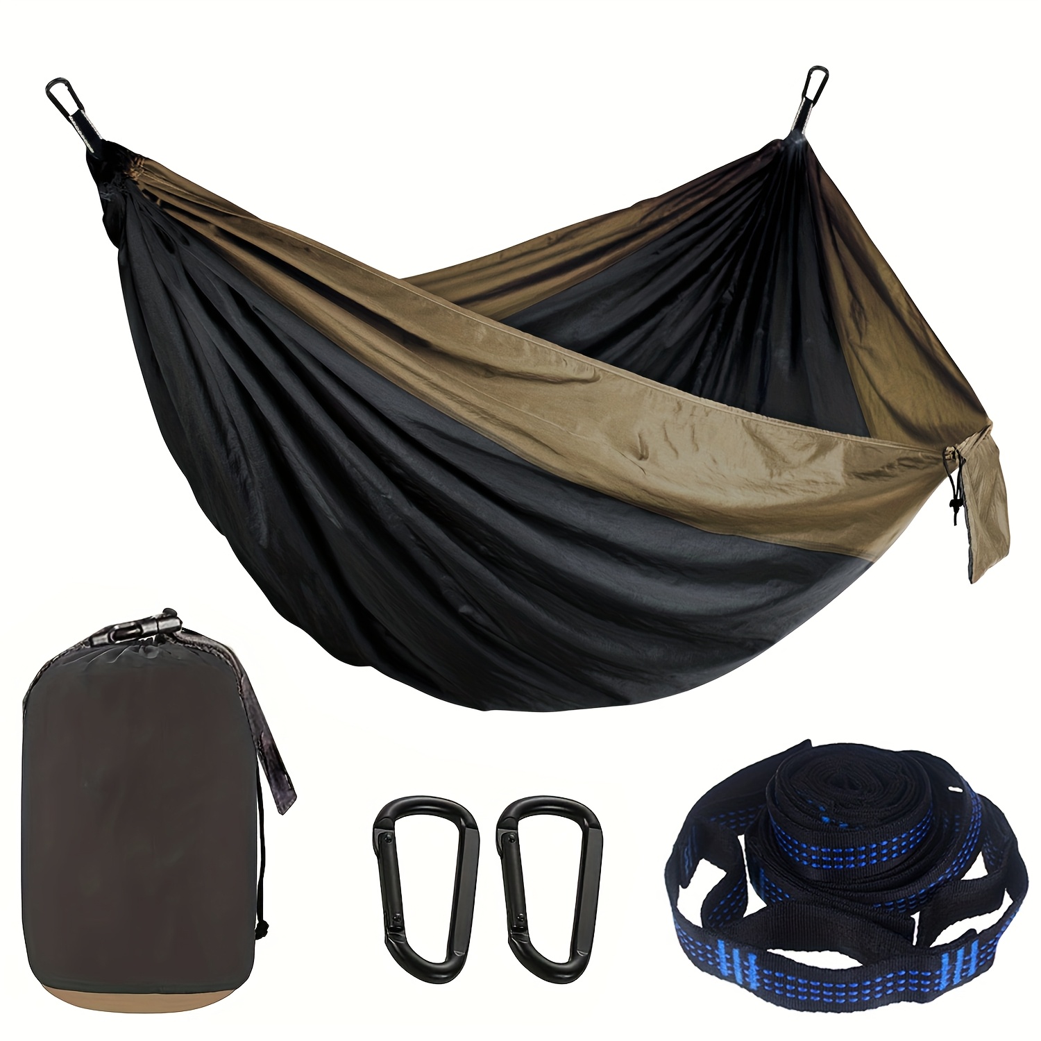 Dual-Tone Parachute Hammock with Black and Brown Stripes - Durable Nylon, Easy Setup with Rope and Hooks, Perfect for Camping, Travel, and Outdoor Adventures, Travel Gear|Modern Hammock Design|Durable Hammock