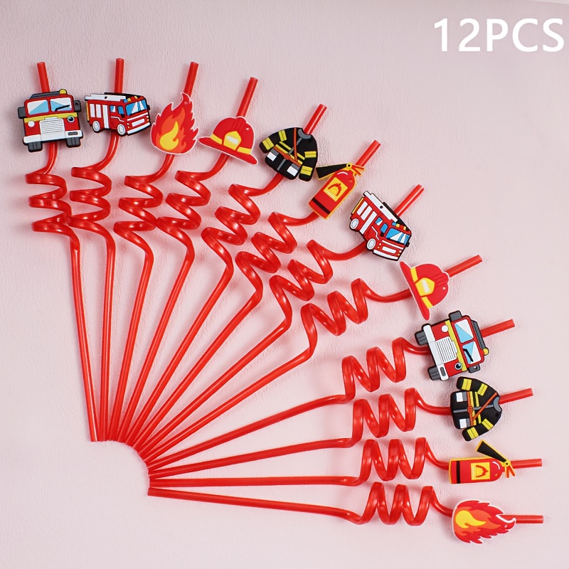 TEMU 12pcs Of Firefighter-themed Spiral Straws, Reusable Party Decoration Straws Featuring A Fire Extinguisher Design, Made Of Food-grade Material,