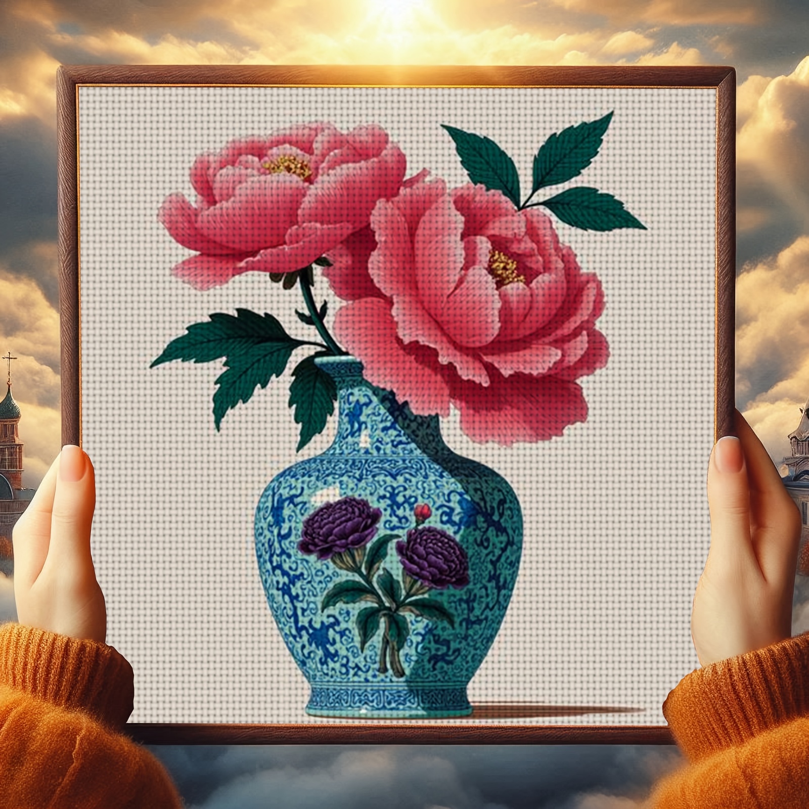 DIY Cross-Stitch Printed Kit, Blue Vase with Pink Peonies Design