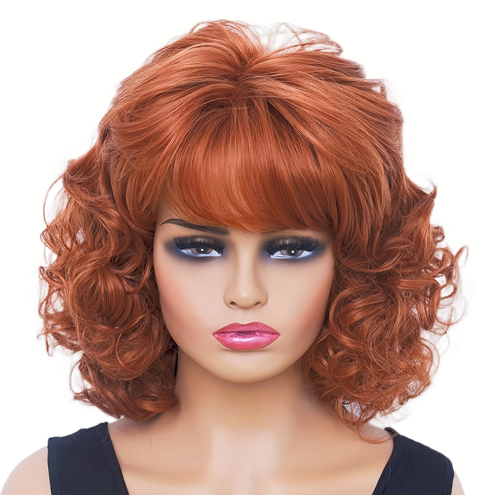 TEMU Vintage Curly Bob Wigs With Bangs, Synthetic Hair Short Wigs For Women, Retro-style Curly Bob Wig For Women In 90s Vibe - Ideal For Fashion- And