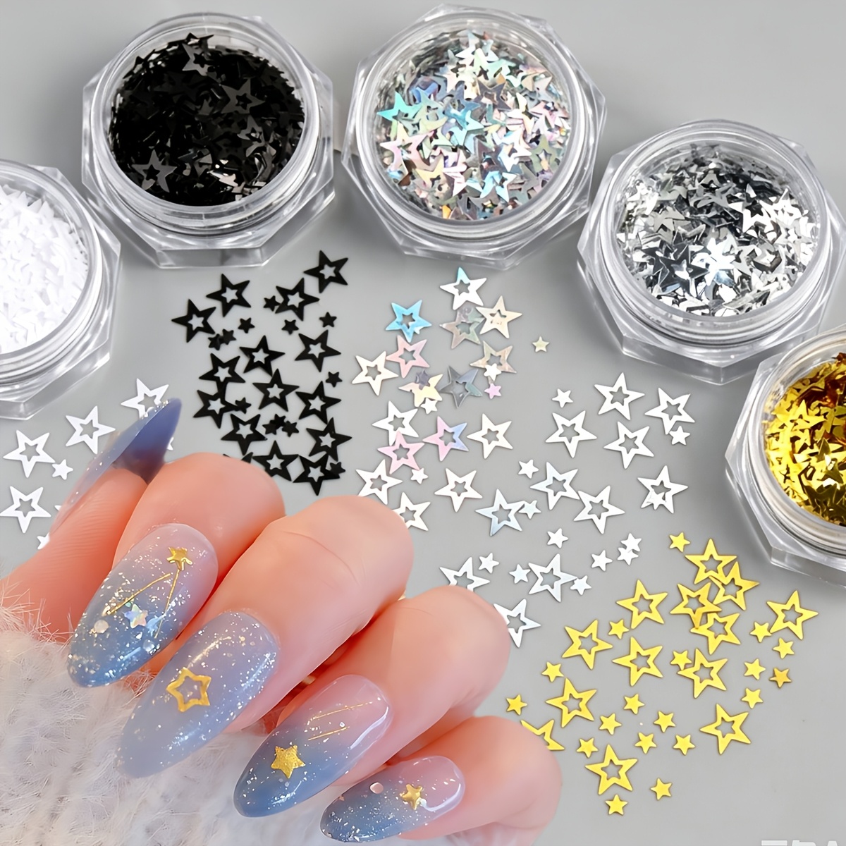 TEMU 5 Jars Hollow Star Nail Art Sequins Set, Metallic Holographic Black, White, Golden And Silvery Star Glitter Flakes, Suitable For Diy Manicure