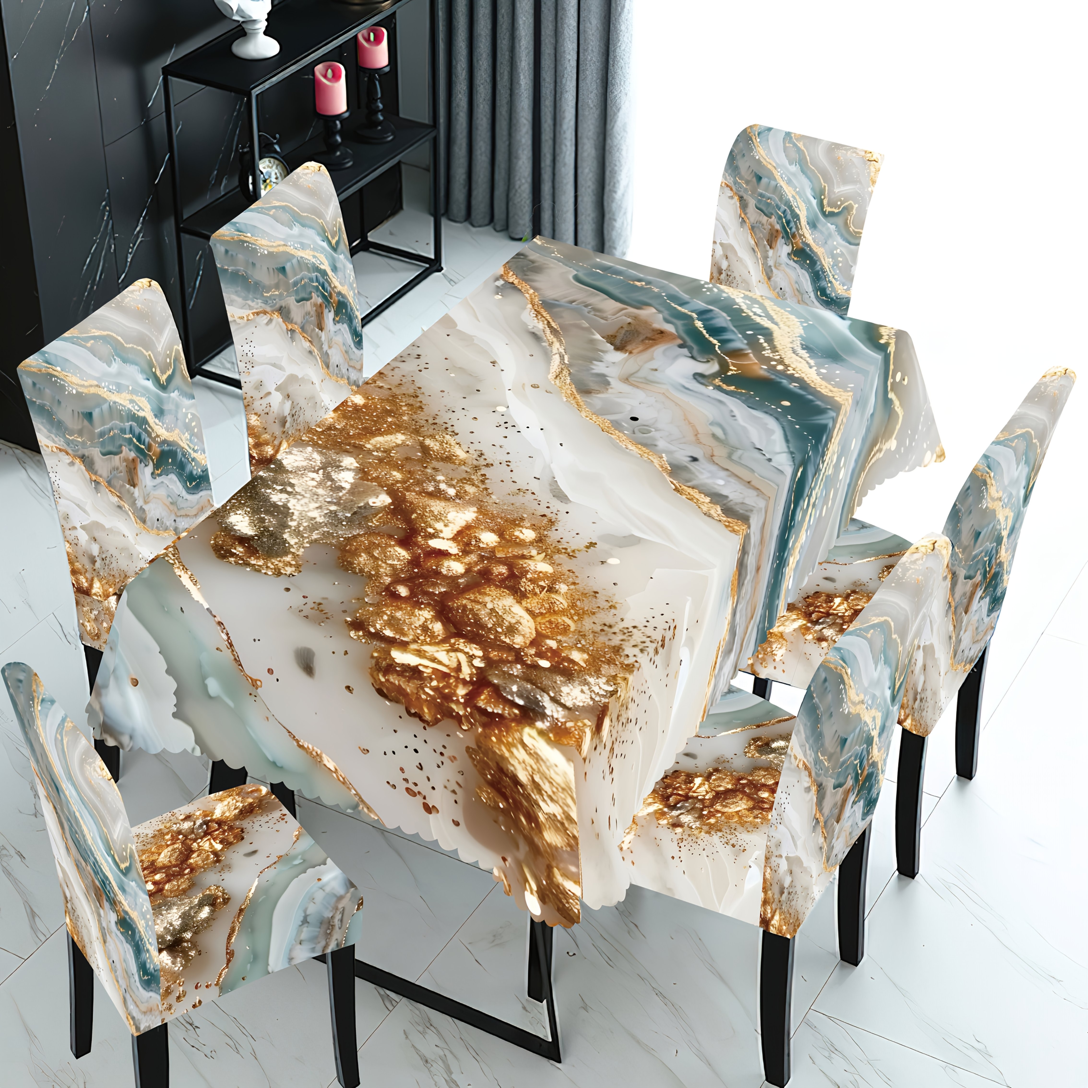 

Open; Classic Golden Beach Marble Print 5/7pcs Tablecloth And Chair Cover Set, Suitable For , Hotel Modern Daily Decoration. Washed And Reused