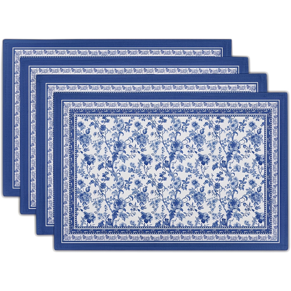 TEMU Blue Floral Branches Placemats Set Of 4, 12 X 18 Inch Chinoiserie Table Mats Washable Heat Resistant Fabric Rectangle Mat For Indoor Outdoor Kitchen Dining Home Decor