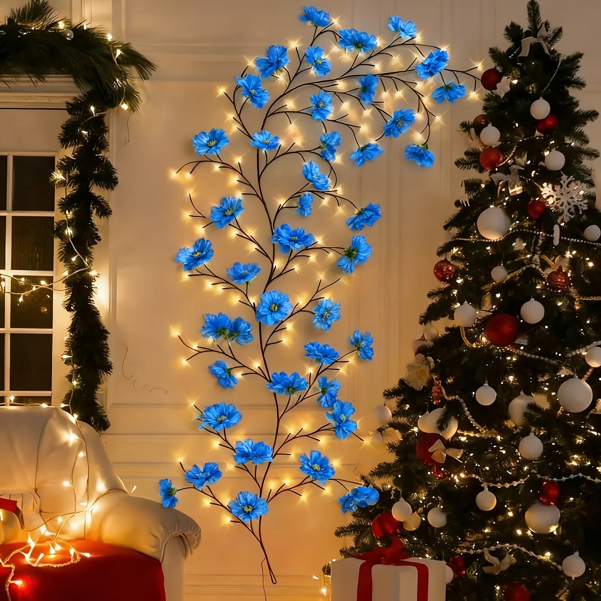 TEMU Amill 96-light Usb-powered Cherry Led Fairy Lights - 5.9ft Faux Floral Garland With Dimmable Brightness, Warm & Light, For Indoor Home Decor,