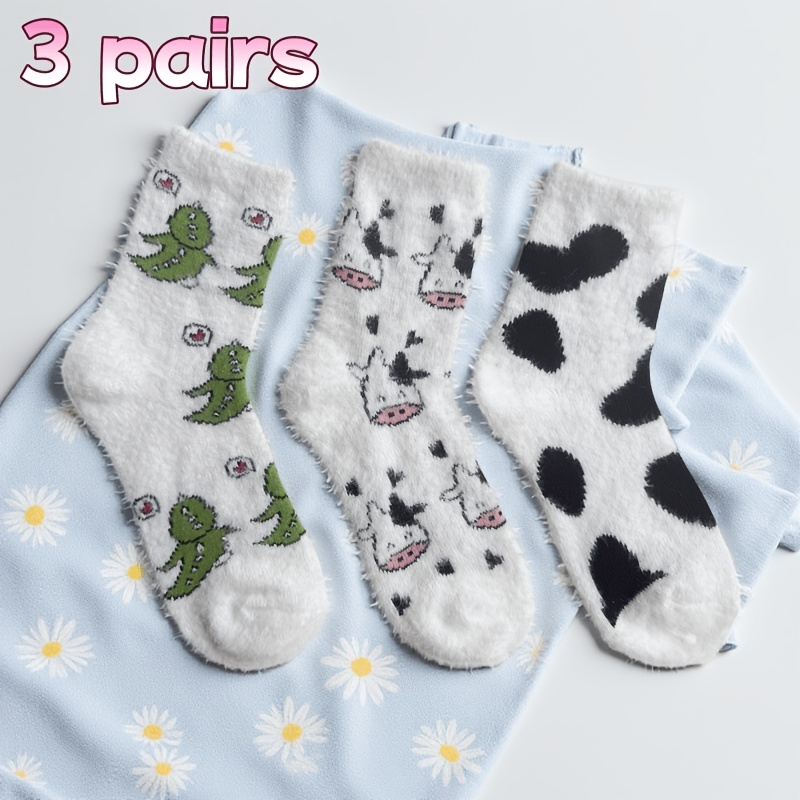 Image of 3 Pairs Of Socks For Women, Autumn And Winter, With Fleece, Thickened Cartoon Warm Floor Socks, Maternity Home Sleeping Socks