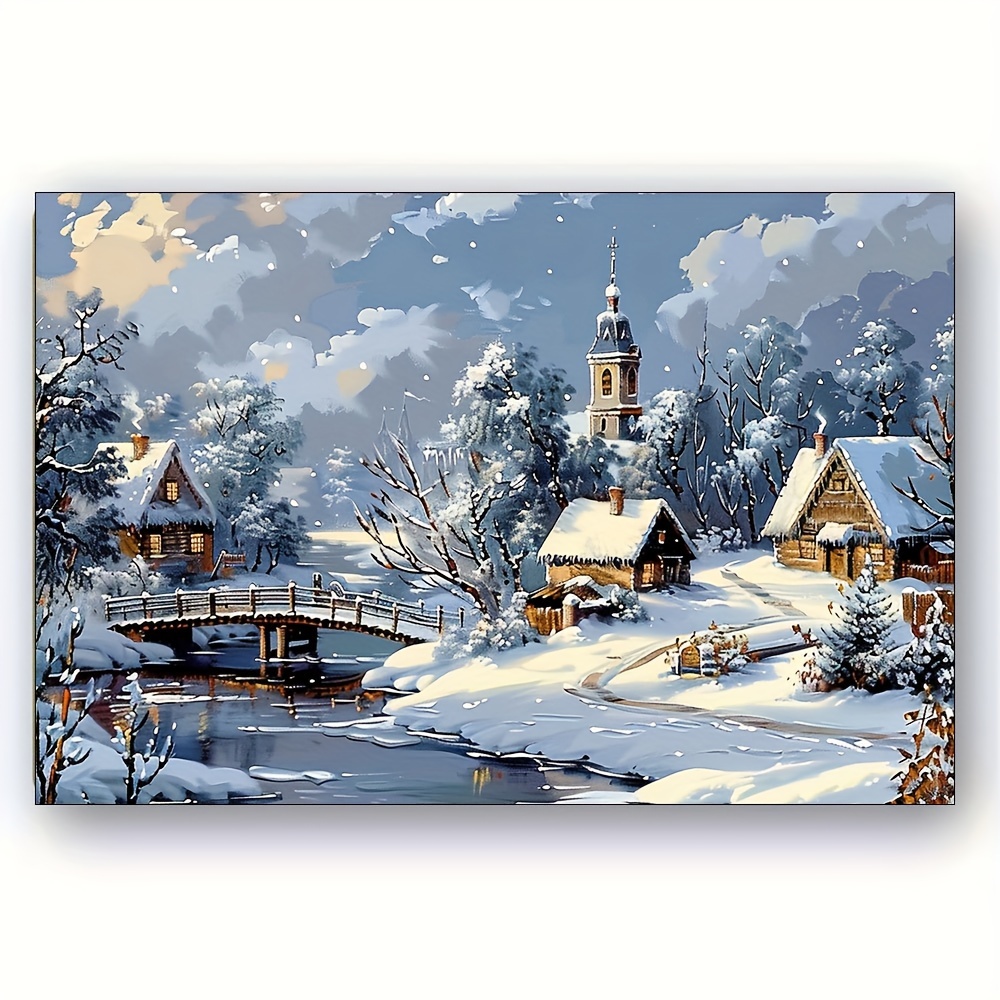 

Charming Snowy Winter Landscape Canvas Print - Cozy Cottages & Wooden Bridge, Blue Sky With White Clouds - Perfect For Home, Office, Or Cafe Decor, 12x16 Inches