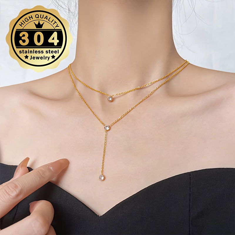 Double Layer Y-Necklace with Sparkling Zirconia