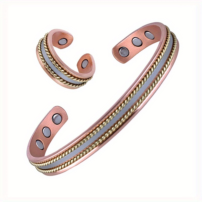 Magnetic Copper Bracelet and Ring Adjustable Cuff Set