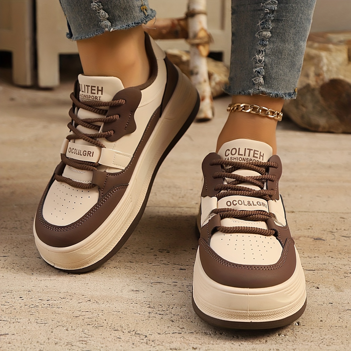 Zapatillas Elegantes de Gruesa para Mujer Zapatos Bajos con Cordones en  Beige y con *s de Goma Gruesas para Altura y Comodidad, Uso