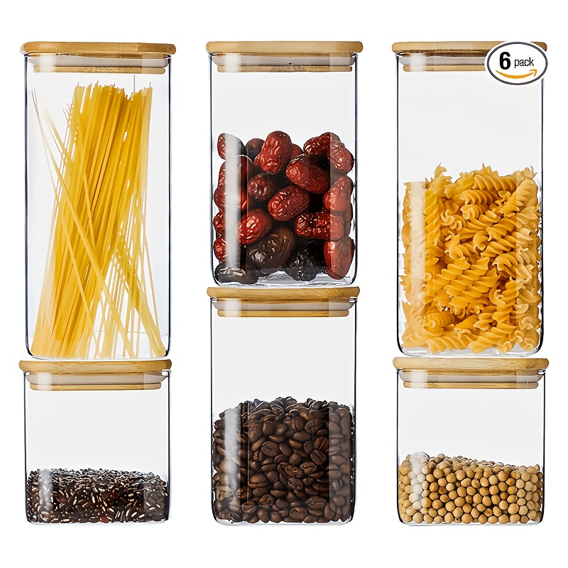 TEMU Set Of 6 Square Airtight Glass Storage Jars With Sealing Lids, Transparent Sealed Glass Jar Set For Storing Pasta, Nuts, Coffee Beans, And ,
