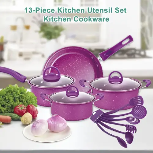 13pcs non stick cookware set durable iron cookware with stone coating milk pan saucepan and six spoons scratch resistant purple options induction or medium low heat for