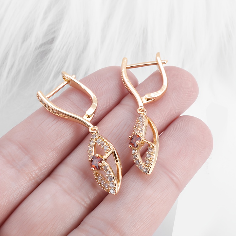 Women's Long Copper Earrings with Red Synthetic Zirconia