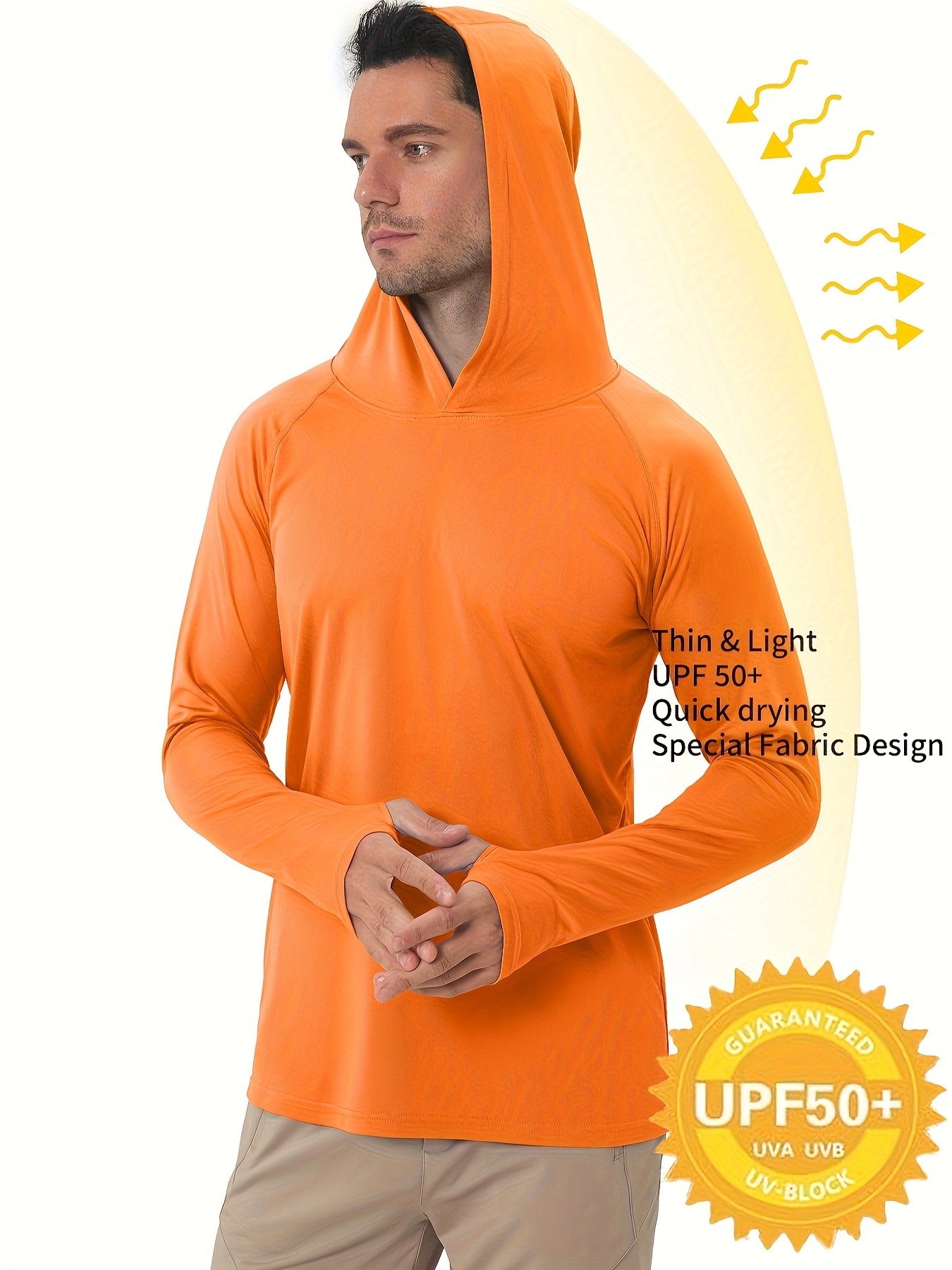 Men's UPF 50+ Sun Protection Hoodie - Lightweight Quick-Dry Polyester Long Sleeve Shirt with Rash Prevention, Breathable Stretch Fit for Outdoor Running, Fitness, Fishing & Cycling