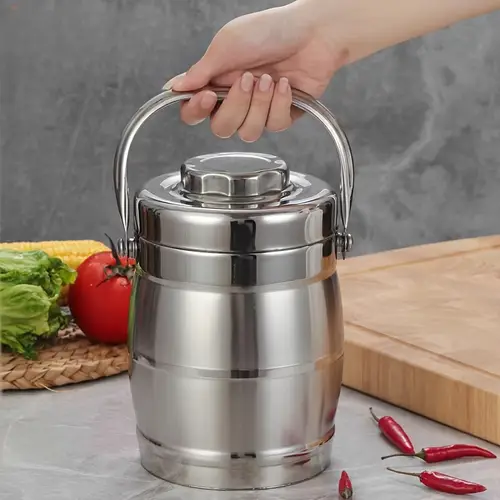 대형 스테인리스 스틸 진공 단열 도시락 상자, 수동 뚜껑 포함 - 다층, 사무실, 야외 및 학생용 휴대용 수프 냄비 - 손세척 전용, 원형