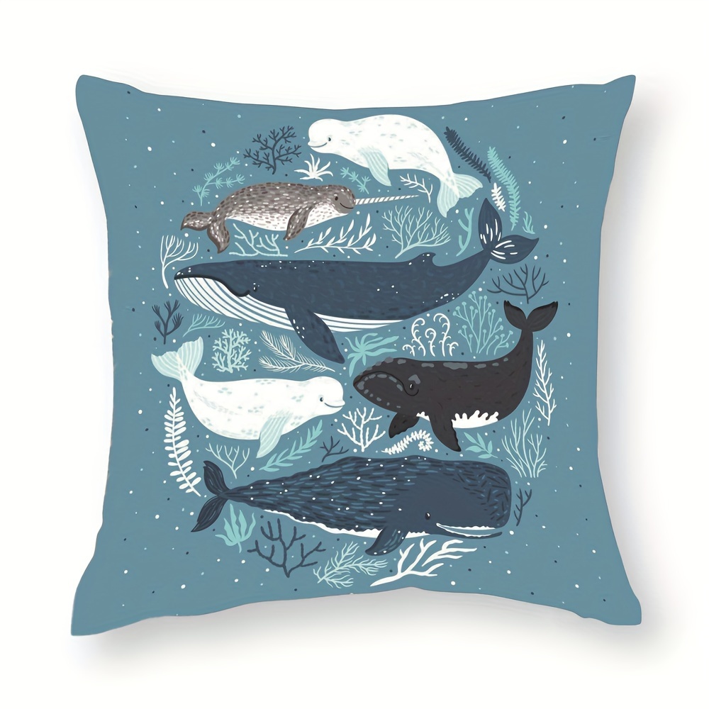 

1pc Cartoon Whale Throw Pillow Cover Cute Fish Animal Wild Pillow Case, For Watercolor Seaweed Ocean Plants Decor Cushion Cover For Bed Couch Car Blue 18×18 Inch