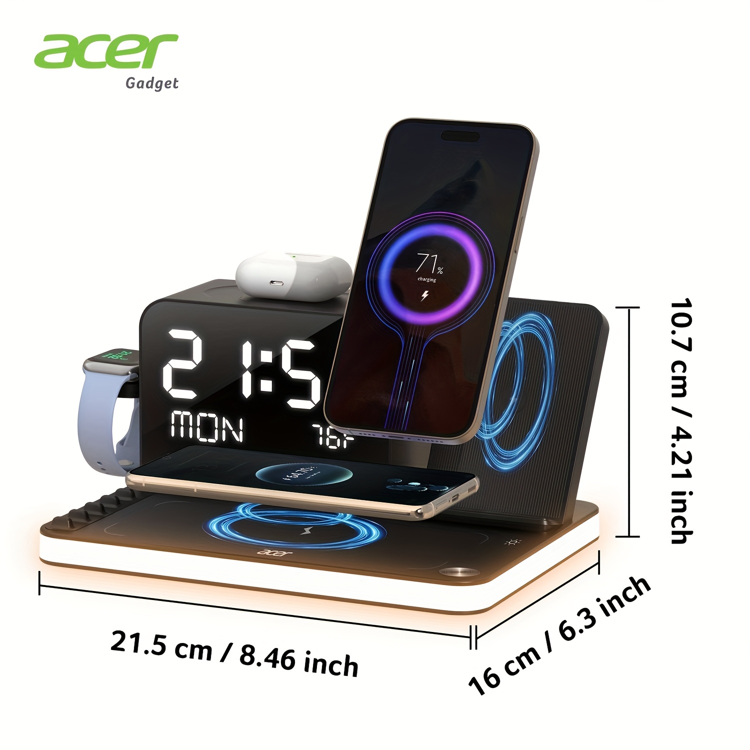 7 in 1 dual phone wireless charging station with night light phone holder phone   time week temperature display 30w adapter for iphone   and iwatch fast charging dock with   wired output