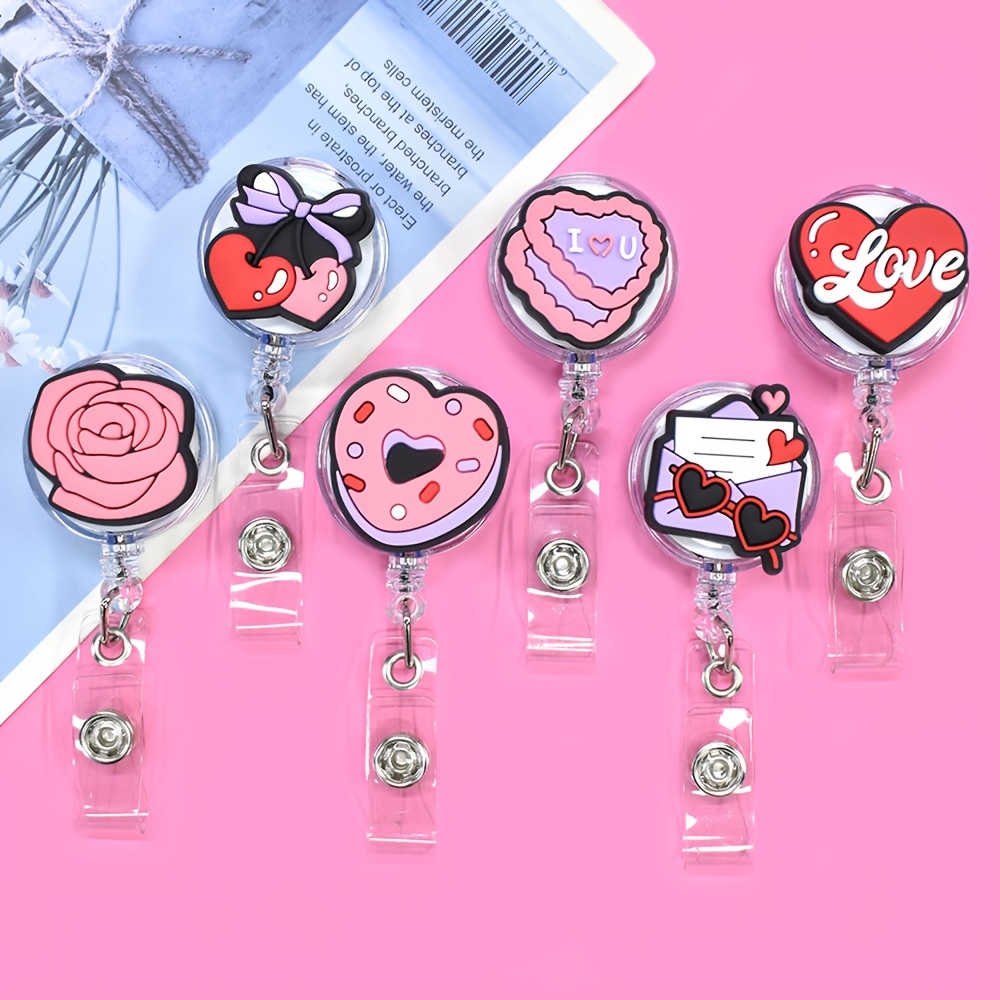 

6pcs 's Day Themed Badge Reels - Plastic With Purple Envelope, & Love Patterns - Doctors, School Students, And Office Id Holders, Valentines Decorations