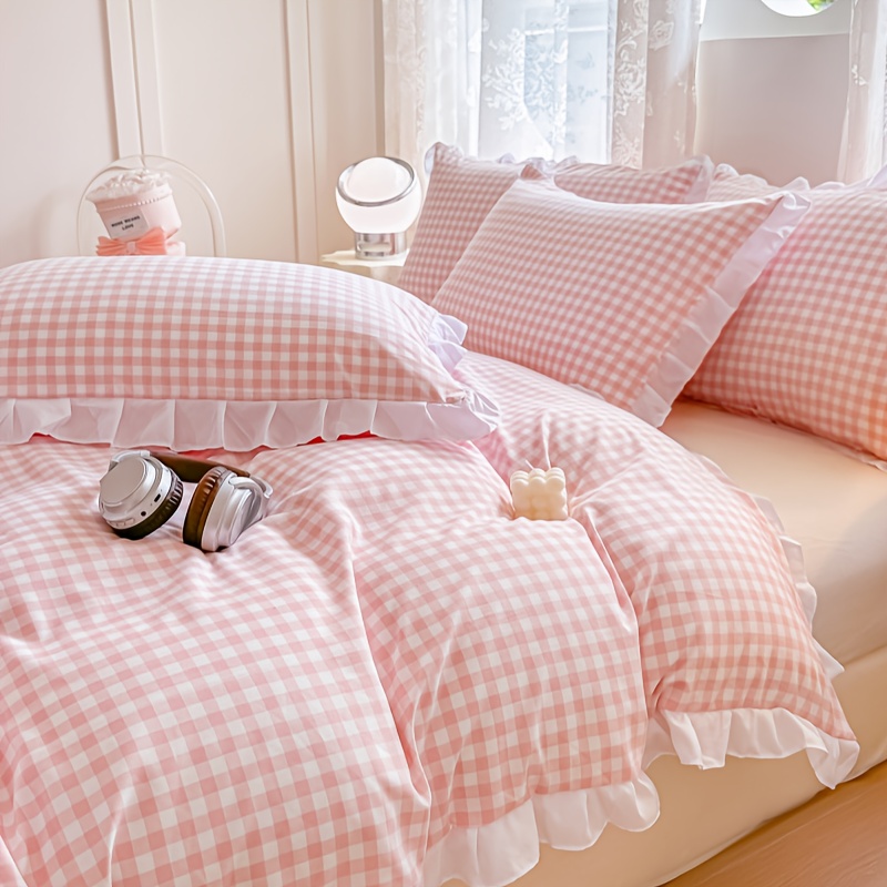 3pcs Pink Checkered Duvet Cover Set With 1* Duvet Cover + 2* Pillowcases, Geometric Pattern, , Soft And Comfortable, Suitable For Bedroom & , Use, Machine Washable, Dorm-friendly