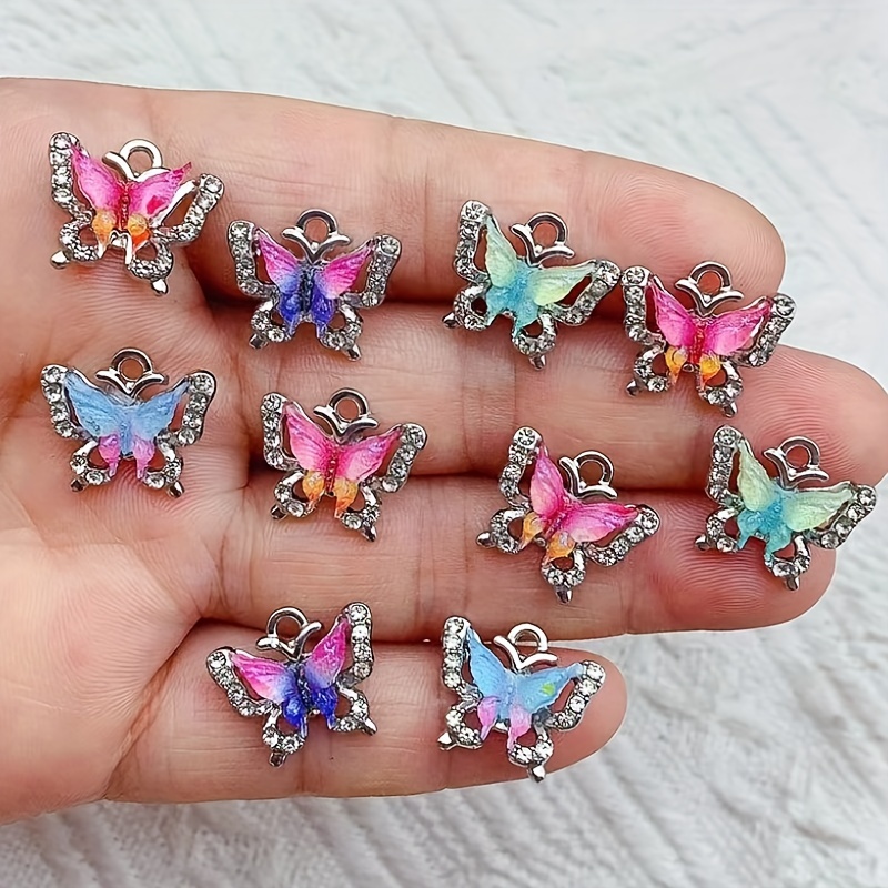 

10-pack Butterfly Charms With Rhinestones For Diy Jewelry Making, Zinc Alloy Pendants For Earrings, Bracelets, Necklaces Crafting Accessories