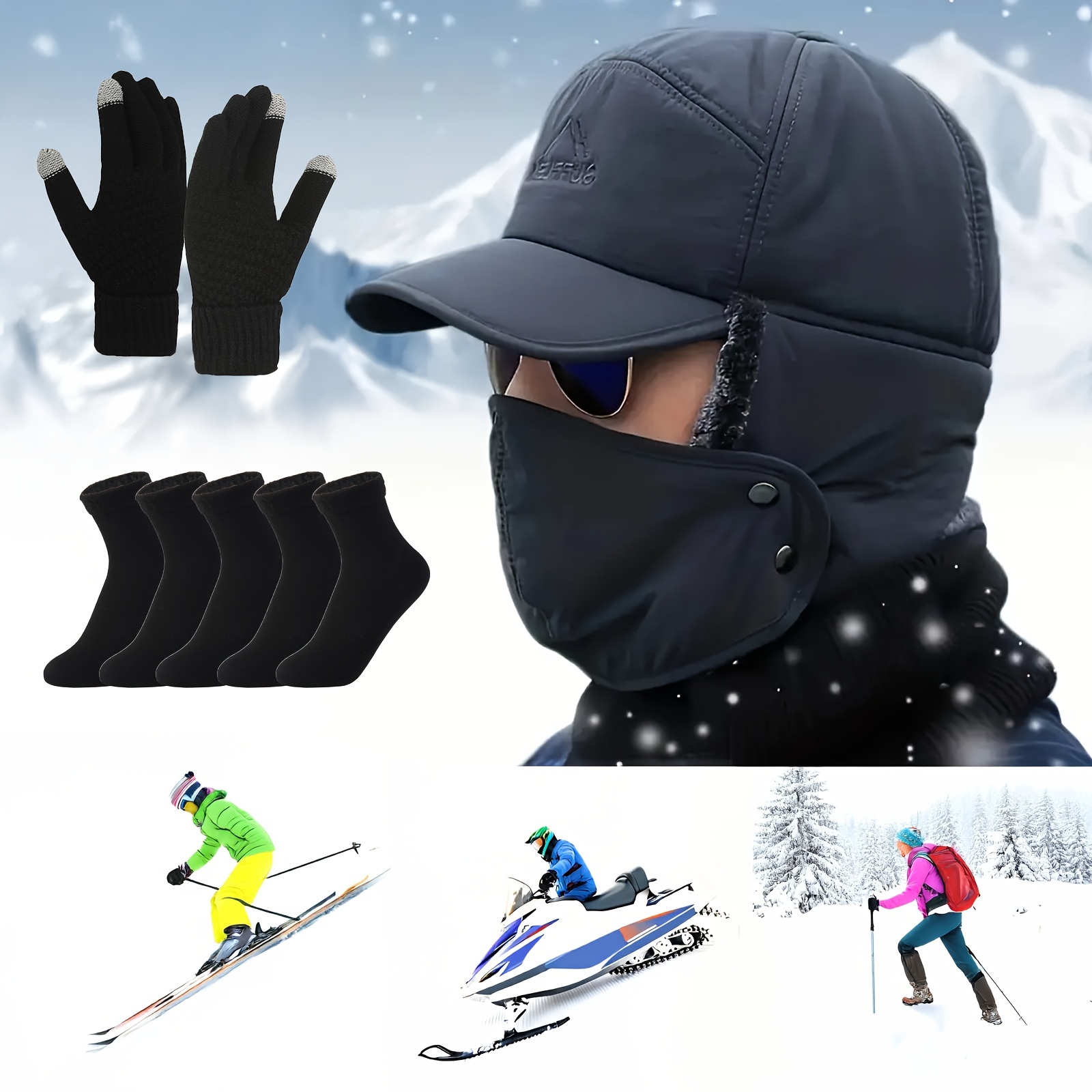 

7pcs Autumn And Winter Outdoor Suit, 1 Hat, 1 Pair Of Gloves, 5 Pairs Of Socks Set Combination, Very Suitable For Outdoor Skiing And Hiking In Autumn And Winter, Cold Protection Accessories