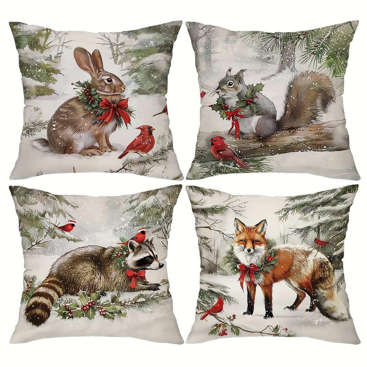 

4pcs Set Farmhouse Christmas Throw Pillow Covers - Winter Animal Designs With Bunny, Fox & Bear - 18x18 Inches - Couch, Sofa & Bedroom Decor - Zip Closure, Hand Washable Polyester