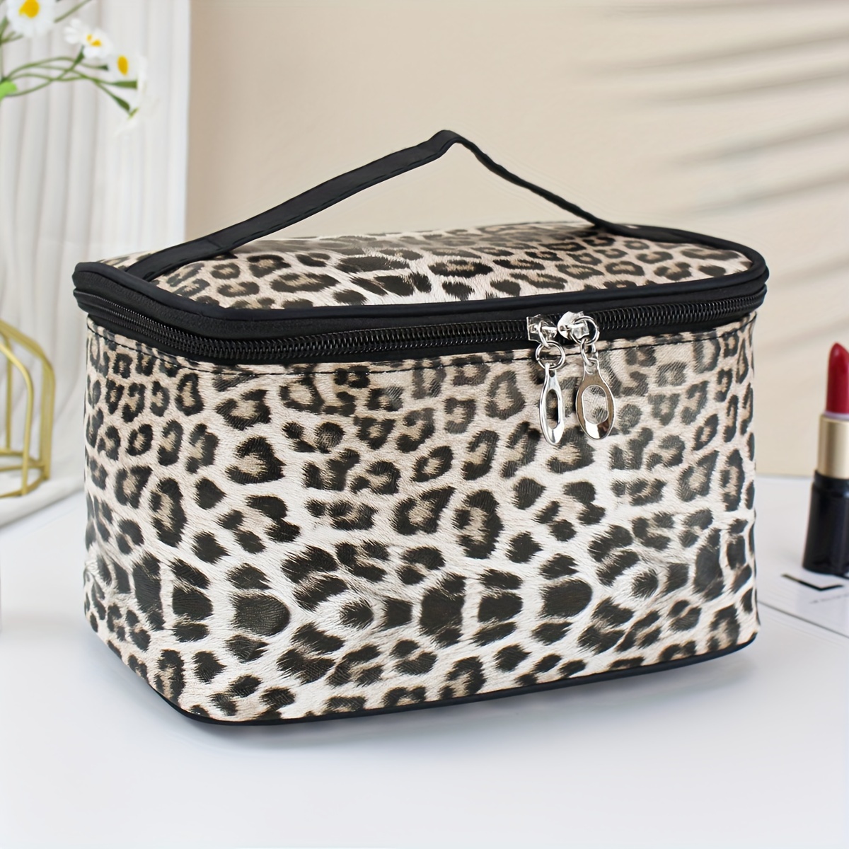 TEMU Stylish Large Capacity Leopard Print Cosmetic Bag Square Storage Bag Suitable For Home And Travel Use