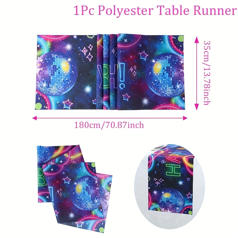Image of 1pc A Luminous Birthday Table Runner Made Of Polyester, Featuring Vibrant Neon Colors And A Festive Design For A Disco-themed Birthday Celebration