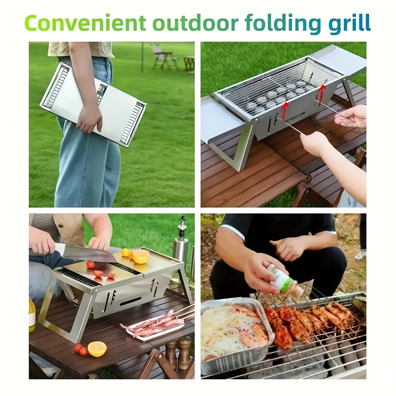 TEMU 1pc Integrated Folding Charcoal Grill, Portable Simple Food Grade Stainless Steel Charcoal Grill, Easy To Clean, Suitable For Travel, Camping, Outdoor Barbecue Picnic