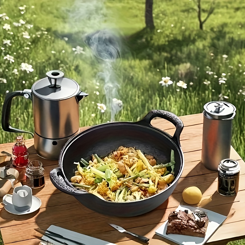 1pc cast iron wok with wooden lid non stick induction gas stovetop compatible ideal for cooking   boiling noodles food contact safe kitchen cookware 1