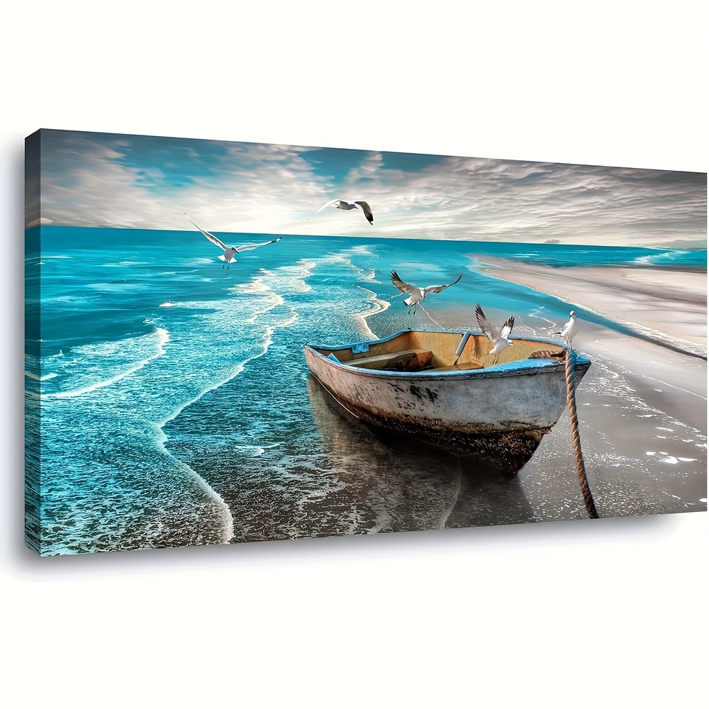 

1pc, Beach Picture Canvas Wall Art Black And White Wave Seascape Painting Home Decoration Boat Seagull For Bar Cafe Office Hotel Farmhouse Kitchen Wall Decor 16×24in Frameless Eid Al-adha Mubarak