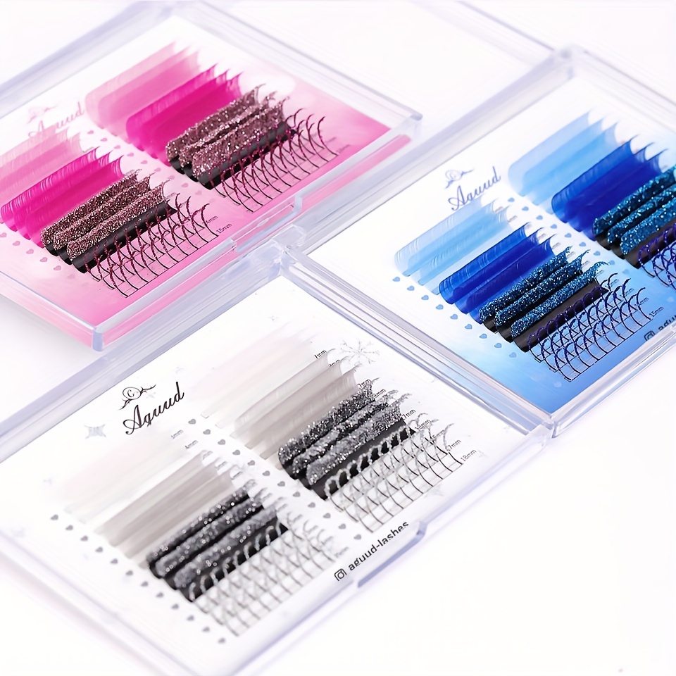 

24 Rows Color Lash And Glitter Shiny False Eyelash Mix Premium Volume Cashmere Russian Strip Pink Blue And White Individual Lash Extensions