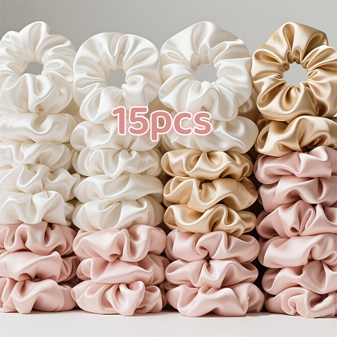 TEMU Lot de 15 élastiques à cheveux élégants, et romantiques en satin texturé de couleur unie, type gros , rose , accessoires pour cheveux, cordons à