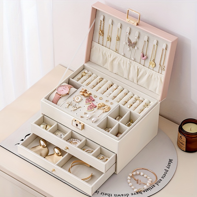1pc large multi tier jewelry box with lock double drawer multi functional storage box for necklace rings earrings watches Product details 5