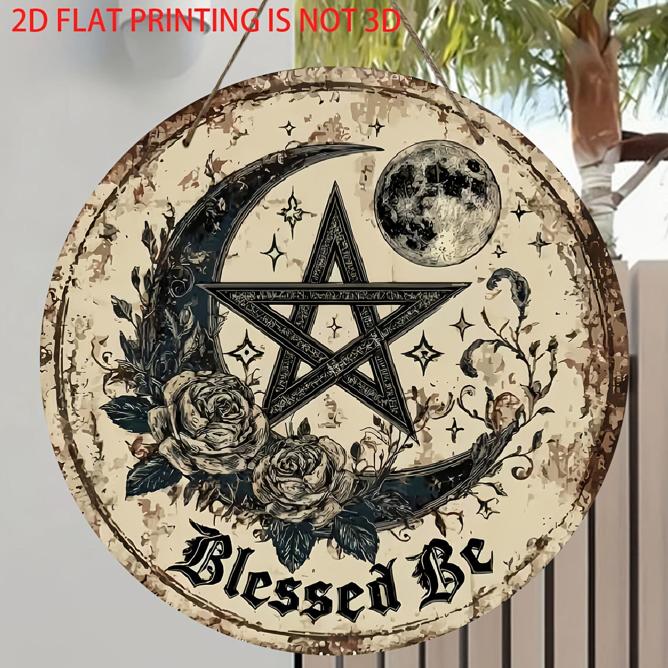 TEMU 2d Flat, 2d Flat - Decorative Sign & Plaque - 1pc - Round Wooden Sign With Moon, Pentagram, And Rose Patterns, Suitable For Home, Living Room,