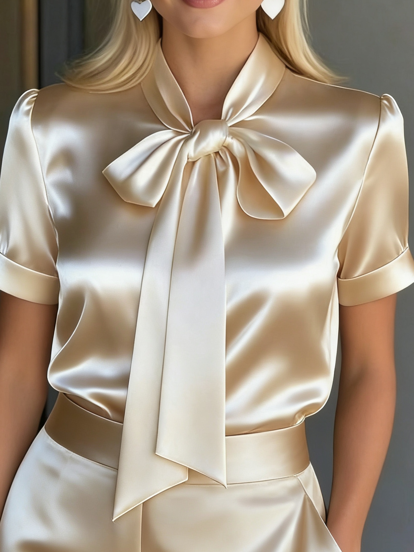 Top de manga corta con cuello de lazo para mujer | Textura de satén, elegante y moderno, ideal para la oficina y fiestas en primavera/verano/otoño, lavable a máquina, color liso, cuello en V