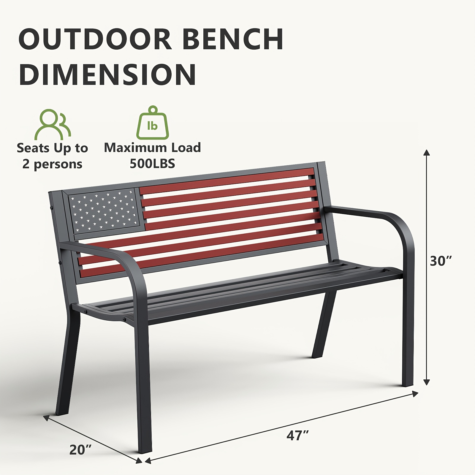 47-inch Pure Iron Casual Bench, Equipped with Ergonomic PVC Mesh Backrest, Non-slip Chair Legs And All-weather Design, Suitable for Outdoor, Garden, Yard And Poolside Areas