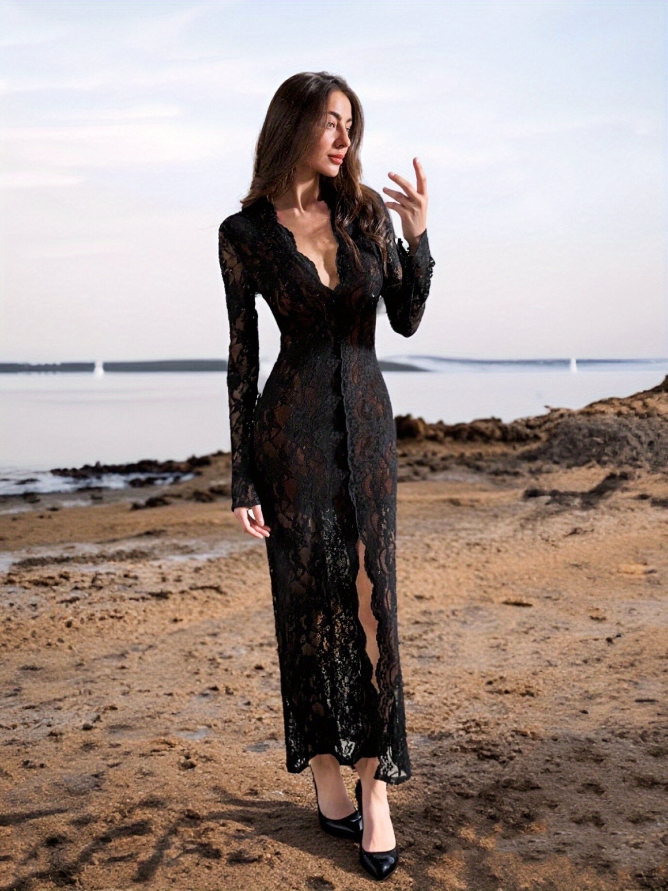 womens exquisite lace deep v high slit long dress - Temu Mauritius