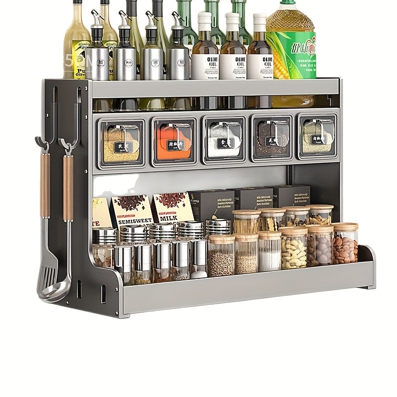 Stainless Steel Kitchen Spice Rack with Hanging & Placement Options - No Drill Wall-Mounted Organizer, Multi-Tiered Shelf for Salt, Pepper, Herbs, Utility Racks, Kitchen Spice Rack