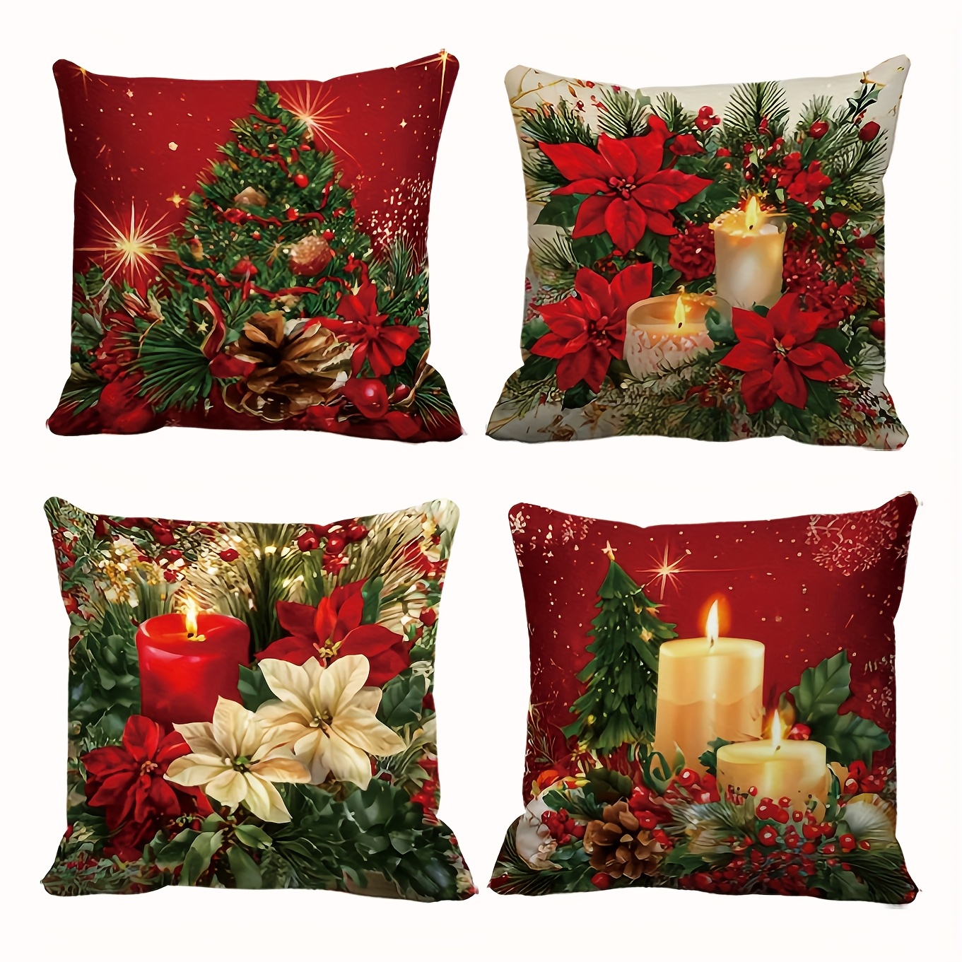 TEMU 4pcs Christmas Gorgeous Christmas Tree Floral Poinsettia Candle Pine Cone Series Pillow Covers Available For Hallway Game Room Garden Holiday
