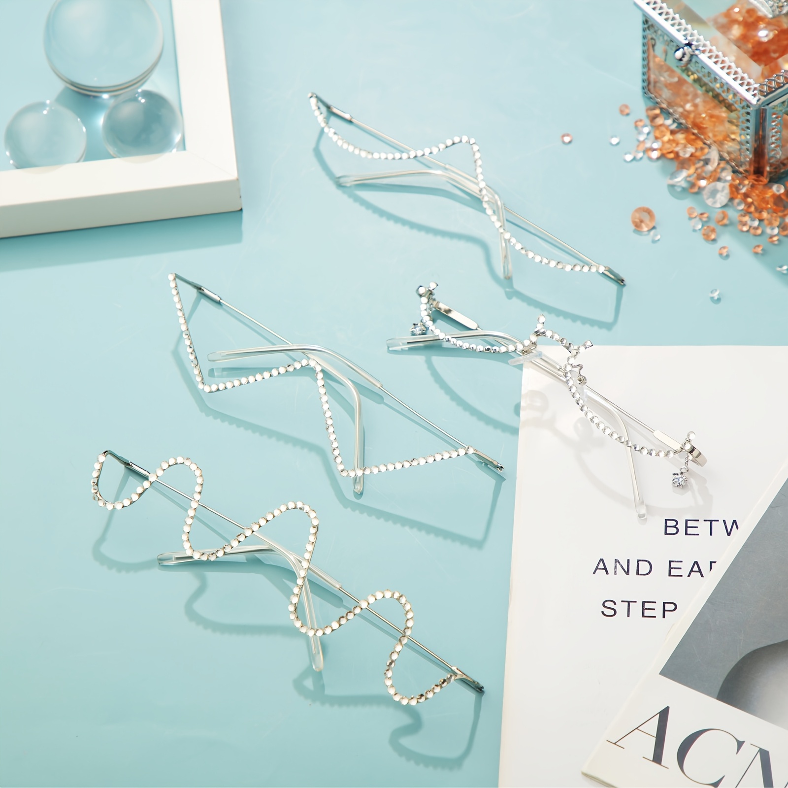 4pcs no lens diamond glasses frame v shape - Temu display picture 1