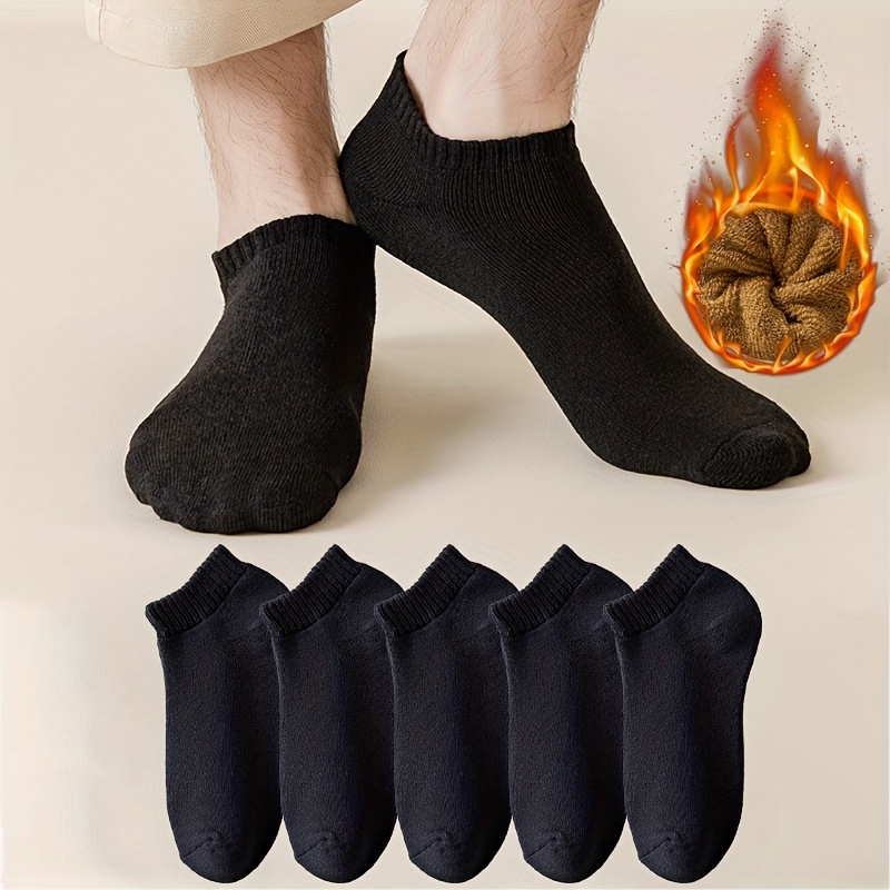 TEMU 5 Pairs Of Autumn And Winter Short New Solid Color Warm, Sweat-absorbent, Easy, Fleece-lined, Soft And Comfortable Short Socks For Men And Women