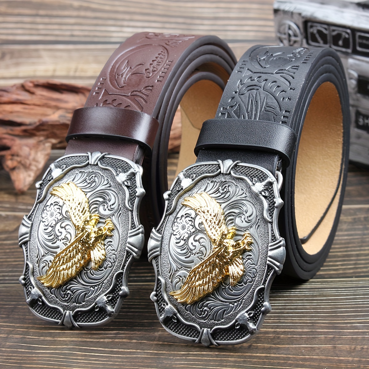 

Western-style Eagle Buckle Belt For Men And Women - Street Fashion Pu Leather With Floral Print And Eyelet Detail - Unisex Average Size