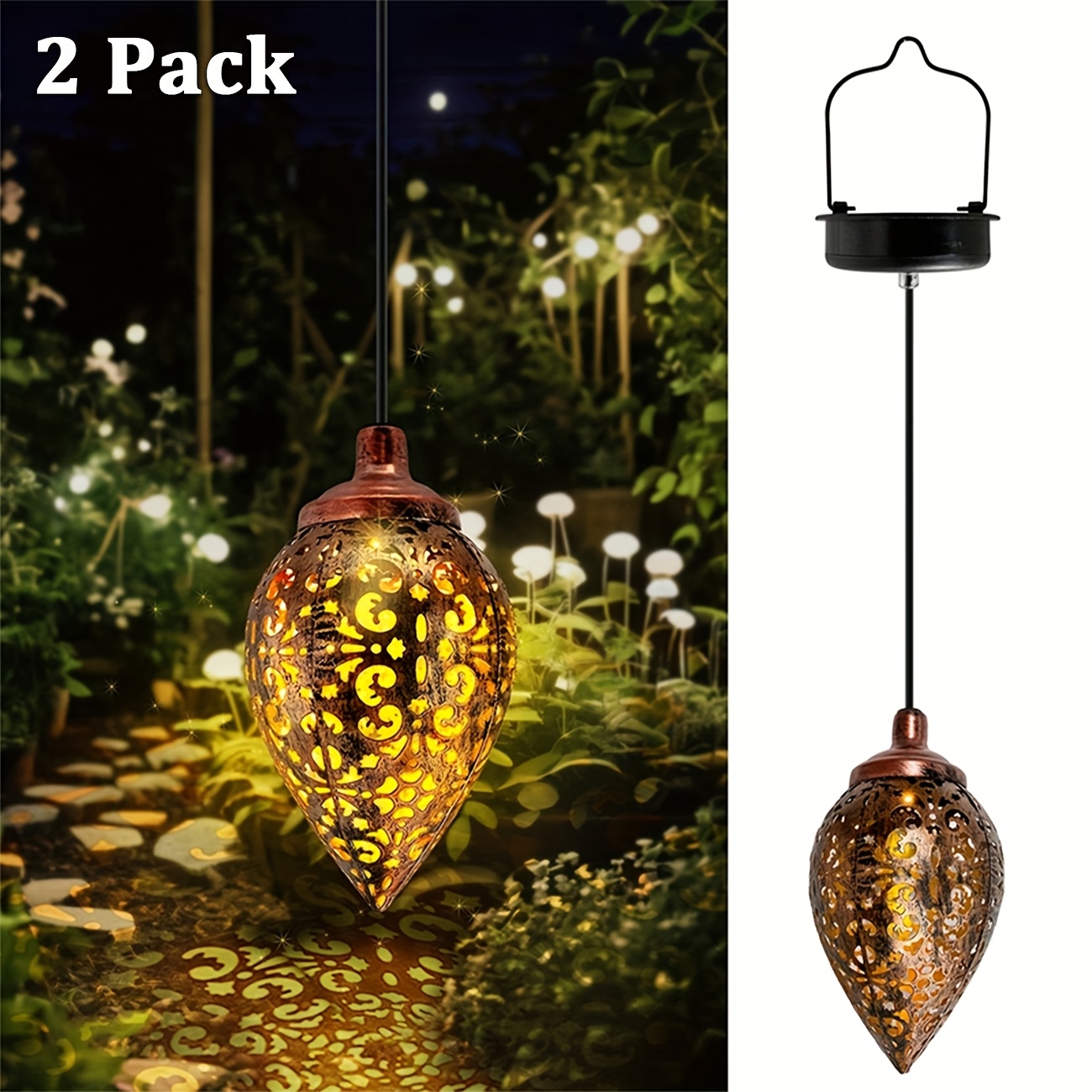 TEMU 2 Pack Solar Powered Led Garden Decorative Pendant Light | Metal Droplet Hanging Decorative Lantern, Suitable For Courtyard Festivals, Gardens,
